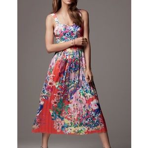 H&M Satin Pleated Midi Dress Coral Tropical Print